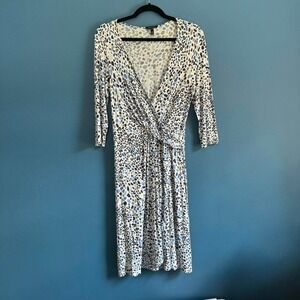 Escada Faux Wrap Dress Women's‎ Size 8 (EU 38) Leopard Print White Blue Mobwife